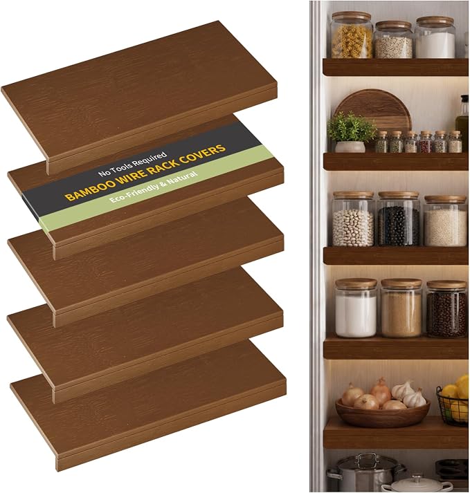 Wire Shelf Covers, Bamboo Wire Rack Covers for Pantry, Closet，Kitchen (5pcs, 34" W x 16" D, Walnut) by ClimbHope
