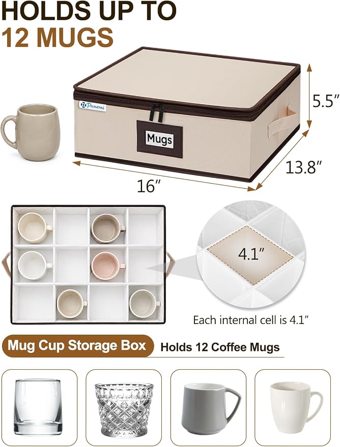 punemi Mug Storage Organizer, 2-Pack Hard Shell Boxes for Packing & Moving | Padded dividers, stackable design and carry handles for coffee mugs, tea cups and china storage, beige - Image 2