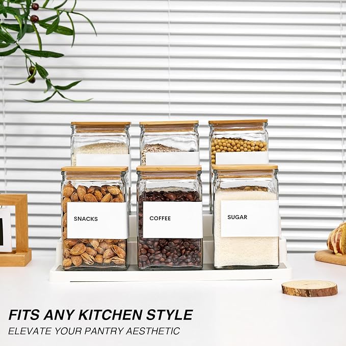 Glass Storage Jars with Bamboo Lids, 27oz Square Spice Jars for Kitchen Pantry Organization, Glass Seasoning Bottles Spice Containers with Labels for Cereal Flour Beans Tea - Image 4