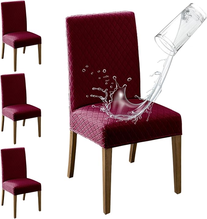 MOSAYT 100% Waterproof Dining Room Chair Covers Set of 4, Super Fit Stretch Jacquard Parson Chairs Slipcovers Removable Washable Chair Seat Protectors for Home, Kitchen, Banquet (Burgundy - XL) by MOSAYT