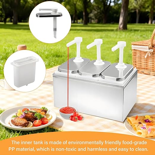 Sauce Dispenser Pump 6L, Stainless Steel Condiment Pump Station with 3 Jars, Condiment Pump Dispenser, Large Three Head Ketchup Dispenser