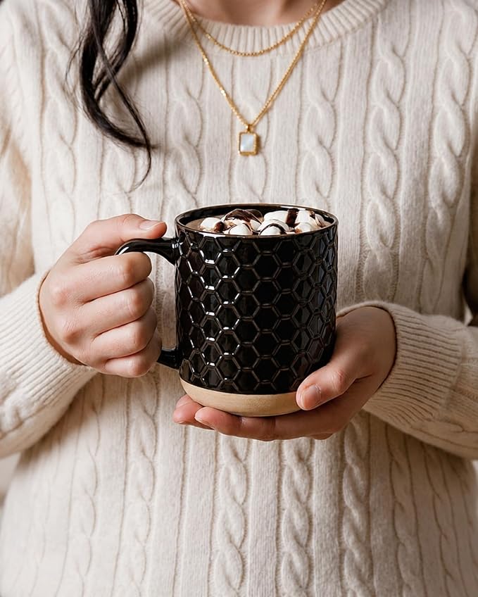 GBhome Large Coffee Mugs Set of 6, 16oz Handmade Stoneware Coffee Mugs Set with Large Handle for Cappuccino/Latte/Tea/Hot Cocoa, Dishwasher & Microwave Safe, Black - Image 3