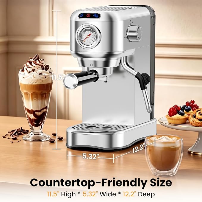Espresso Machine 20 Bar, Compact Espresso Coffee Machine with Milk Frother, Stainless Steel Coffee Maker with 34oz Removable Water Tank, Cappuccino Machine for Home, Office, Latte (Silver) - Image 2