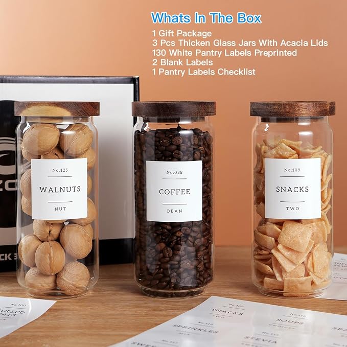 CZZGSM 3 Set Glass Pantry Storage Jars with Acacia Airtight Lid - 35oz Thicken Glass Kitchen Canisters with 132 Pantry Labels - Clear Food Storage Containers with Wood Lid for Tea,Sugar,Cookie,Pasta - Image 2