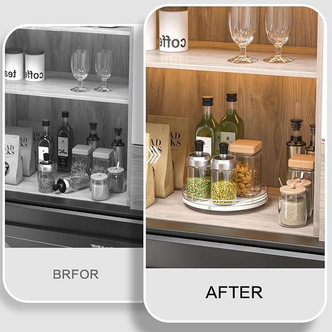 Oroyutor 9-Inch Oak Lazy Susan Spice Organizer with Silver Metal Rail | Rotating oak tray organizes spices, toiletries and decor on kitchen counters, bathroom vanities, dining and coffee tables. - Image 5