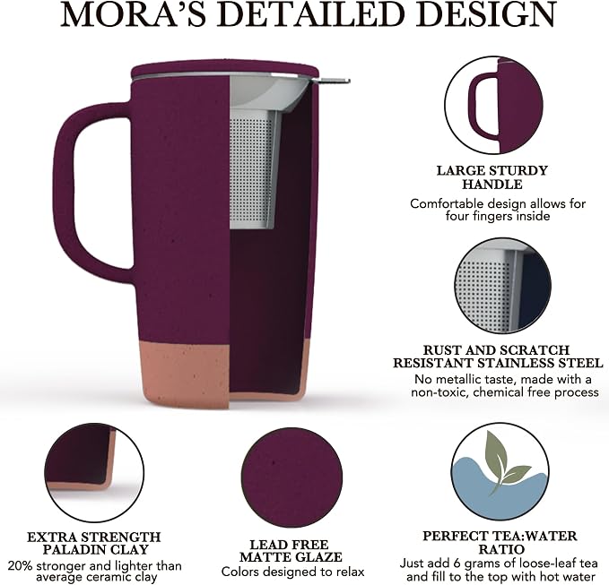 Mora Ceramics Large Tea Mug with Loose Leaf Infuser and Ceramic Lid, 18 oz, Portable, Microwave and Dishwasher Safe, Tall Coffee Cup - Rustic Matte Ceramic Glaze, Modern Herbal Tea Strainer, Merlot - Image 2
