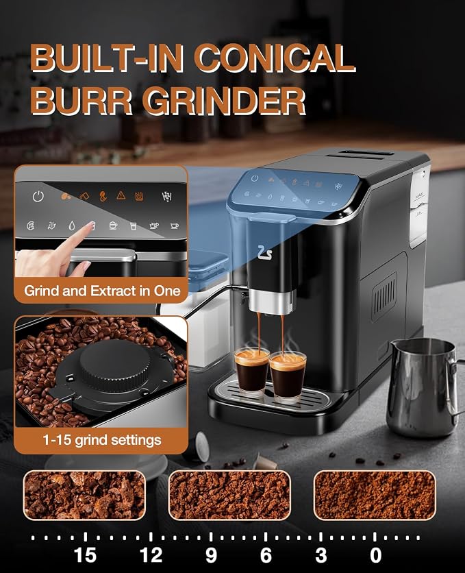Jojoka 20 Bar Fully Automatic Coffee Machine with Grinder & Frother | Touchscreen control, 15 adjustable grind settings, dual boiler, 1.5L removable water tank, automatic milk frother - Image 5