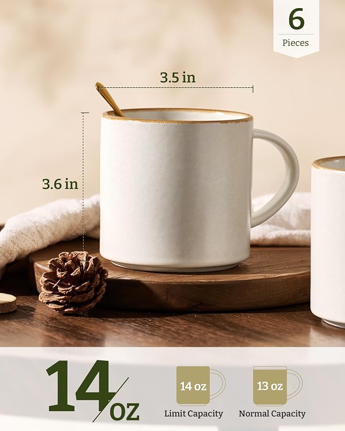 famiware Coffee Mugs Set of 6 Nebula 14oz Coffee Mugs, Ceramic Cup Set with Handle for Latte, Tea, Milk, Cappuccino, Cocoa, Matte Beige White with Brown Rim - Image 4