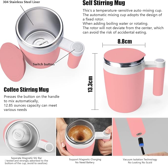 Self Stirring Mug,Rechargeable Auto Magnetic Coffee Mug with 2Pc Stir Bar,Waterproof Automatic Mixing Cup for Milk/Cocoa at Office/Kitchen/Travel 14oz Best Gift - Pink - Image 2