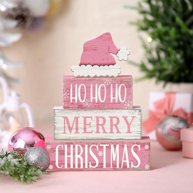 Moucuny 4 Pcs Christmas Table Decorations Pink Santa Hat Decor Christmas Tiered Tray Decor Rustic Wood Pink Hat Block Sign Gift Xmas Table Centerpiece Farmhouse for Home Shelf Kitchen Decorations - Image 3