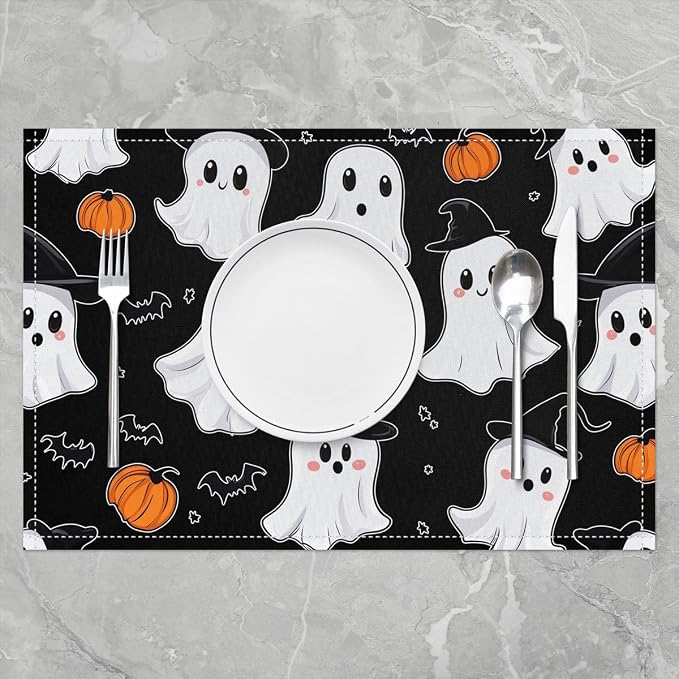 Feelyou Happy Halloween Placemats Set of 4 Cute Ghost Pumpkin Table Mats for Party Kitchen Dining Decoration Black White Orange Place Mat for Table Holiday Decor Indoor Outdoor 18"x12" Non-Slip Bats - Image 2