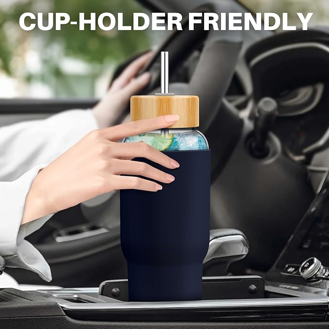 PROBTTL Glass Water Bottles 32 oz, 1 Liter Glass Tumbler, Borosilicate Water Bottle with Straw, Silicone Sleeve, 2 Lids - Handle Spout & Bamboo Straw Lid, Fits Car Cup Holder