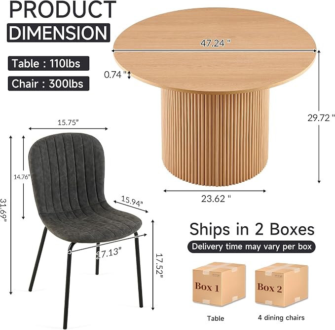 5 Piece Round Dining Table Set for 4, Mid Century Modern Wooden Kitchen Table and Chairs, Space-Saving Small Dinette Set (47 Inch Oak Table+4 Grey Chairs) - Image 2