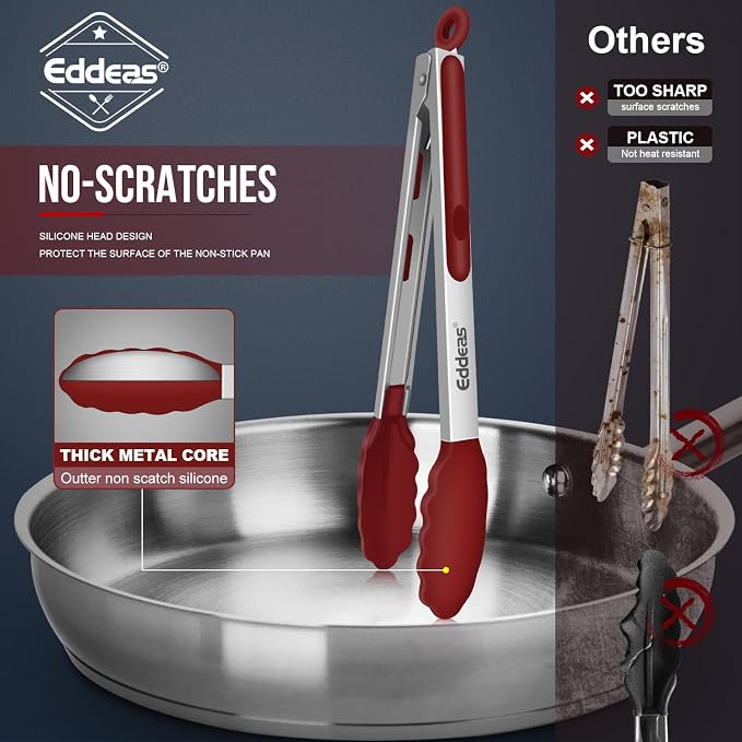 EDDEAS Tongs For Cooking - 7",9" and 12 inch Kitchen Tong with Silicone Tip,Heat Resistant 600 Degrees Metal Locking Tongs - for cooking,Salad and Barbecue,Red Set of 3 - Image 3