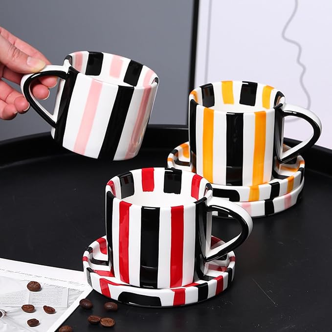 Espresso Cups Ceramic Coffee Mug Series European Striped Dot Coffee Cup And Saucer Mug Cake Plate Afternoon Tea Set Tea Cup And Saucer,Yellowblack - Image 4