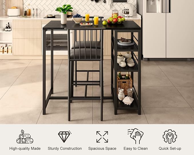 Gizoon 3-Piece Bar Dining Table Set for 2, Kitchen Table w/Shelves Black | Space-saving black bar height table set with 3 storage shelves. Includes 2 high-density PU cushion chairs that tuck away. - Image 7