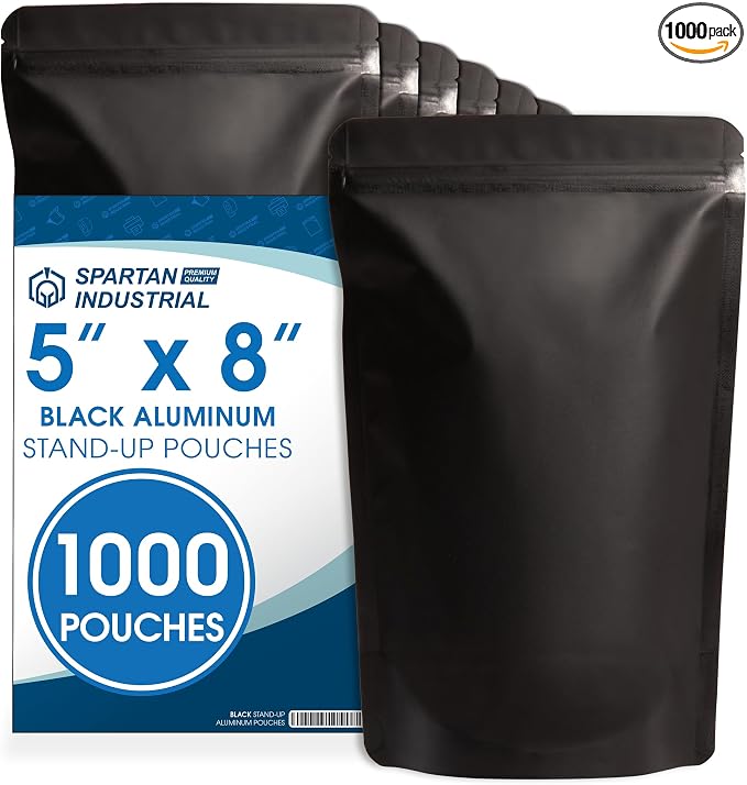 5" X 8" Matte Black Stand-Up Pouch Bags - 1000 Count Smell-Proof Mylar Bags | With Heat Sealable Opening and Resealable Zipper - Spartan Industrial by SpartanIndustrial