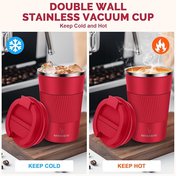 MOMSIV 12oz Travel Mug, Insulated Coffee Cup with Leakproof Lid, Vacuum Stainless Steel Double Walled Reusable Tumbler for Hot and Cold Water Coffee and Tea | 6-Hour Heat Retention, 360°Leak proof, Vacuum Stainless Steel Double Walled, BPA-free, Reusab... - Image 3