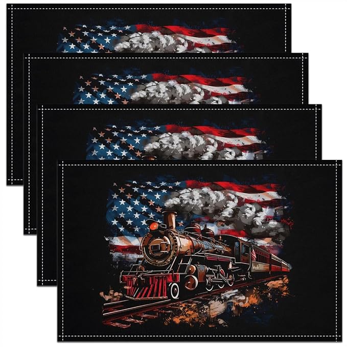 Feelyou Train Placemats Set of 4 12x18 Inch American Flag Table Mats for Party Kitchen Dining Decoration Holiday Seasonal Colorful Steam Engine Place Mat for Dinner Table Indoor Outdoor Decor by Feelyou