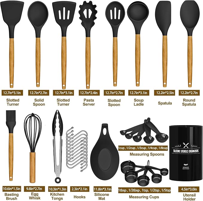 Umite Chef Kitchen Cooking Utensils Set, 33 pcs Non-Stick Silicone Cooking Kitchen Spatula Set with Holder, Wooden Handle Silicone Kitchen Gadgets Utensil Set (Black) - Image 4