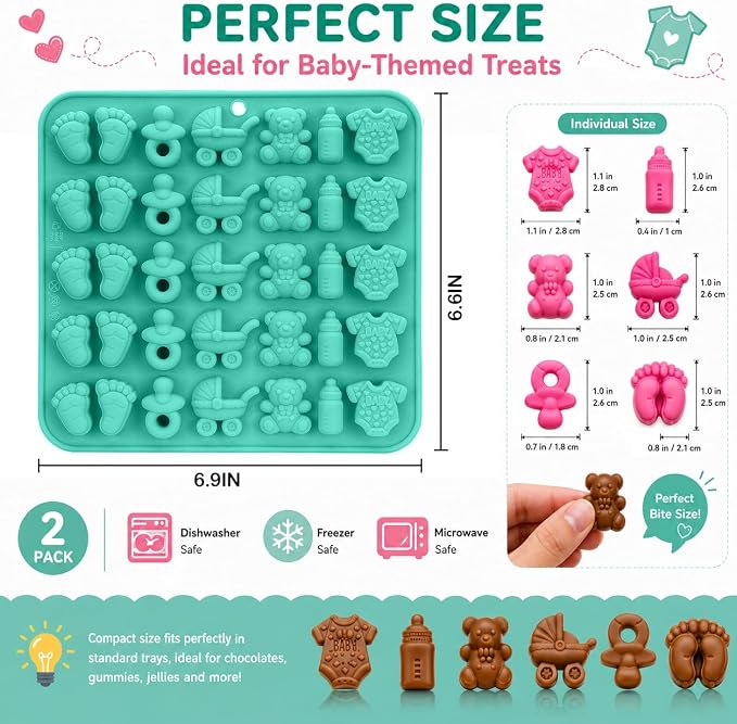 2 Pack Food Grade Silicone Chocolate Molds, Baby Onesie Foot Pacifier Cradle Bear Bottle Shapes, BPA Free Easy Demold for Candy Gummy Cake Decor Baby Shower Party - Image 3