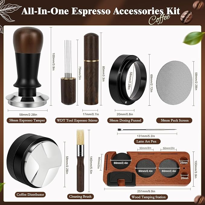 8 PCS Espresso Accessories Kit, 58mm Espresso Tamper Kit Coffee Tamper Set with Coffee Distributor, Espresso Tamping Station, Espresso WDT Stirrer,Dosing Funnel, Fits Breville 58 mm Portafilter - Image 3