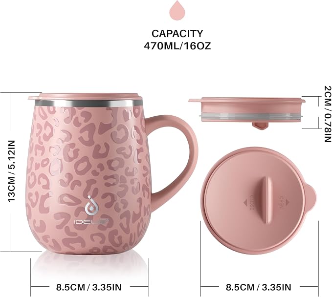 Ideus 16 oz (470 ml) Insulated Coffee Mug with Handle and Lid, Double Wall Stainless Steel Vacuum Thermal Coffee Mug, Travel Coffee Cup Thermal Cup for Home and Office, Leopard Pink - Image 5