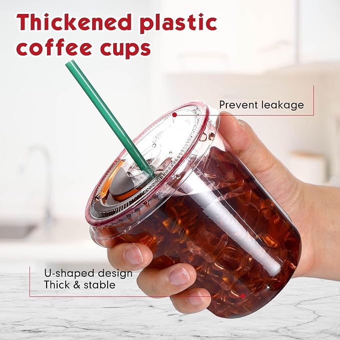 Baderke 25 Set Plastic Cups with Lids and Straws, Disposable Plastic Iced Coffee Cup for Cold Beverage Juice Smoothie Crystal for Coffee Shops Party Catering (Pink,14 oz) - Image 4