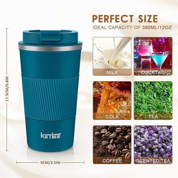 KETIEE Travel Coffee Mug 12oz: Insulated Coffee Cup with Leakproof Lid, Coffee Tumbler, Vacuum Stainless Steel Reusable Coffee Cups, Coffee Mug to Go for Hot/Iced Water (Blue) - Image 3