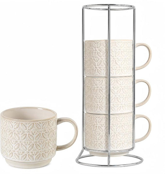 6 Oz Coffee Mugs with Stand, Stackable Ceramic Espresso Cups Set of 4, Embossed Coffee Cups Sets, Porcelain Cappuccino for Latte, Cocoa, Mocha, Tea, Dishwasher Safe, Vintage White by Unknown