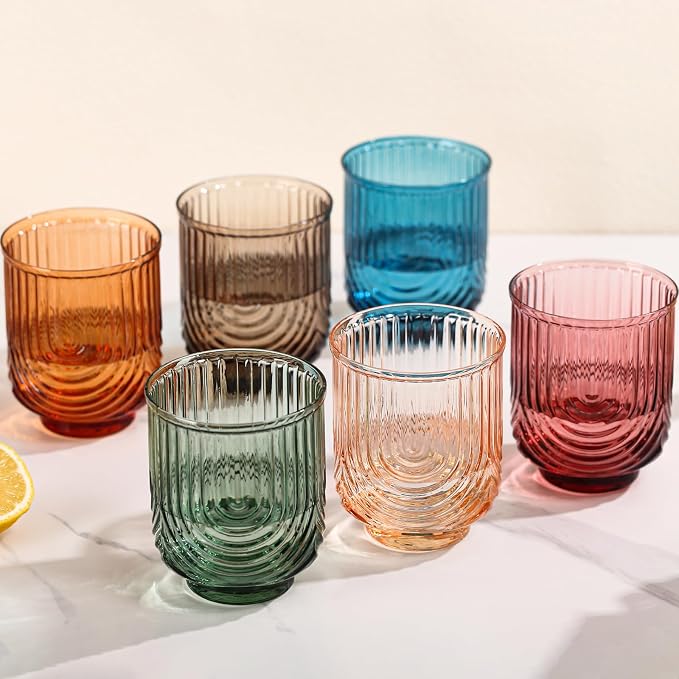 Colored Vintage Drinking Glasses Set of 6-15oz Hand-Blown Highball Ribbed Glassware, Arch Design Cocktail Glasses for Whiskey Water Beverages Ice Coffee Juice Milk by TrophyToast