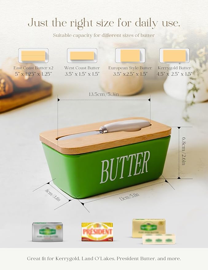 Ceramic Butter Dish with Lid and Knife & Silicone Seal for Countertop Green | Suitable Capacity, Great Sealing, Home Decor Kitchen Gift Housewarming Gift - Image 2