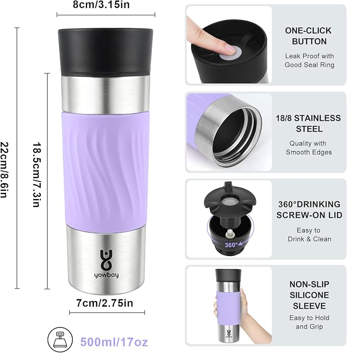 Travel Coffee Mug with 360°Lid, Travel Coffee Tumbler 16 oz Leak Proof, Stainless Steel Insulated Travel Mugs for Hot and Cold Spill Proof Leak Proof(Light Purple) - Image 5