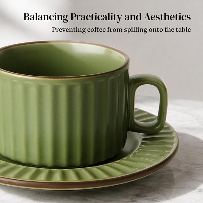 DOWAN Cappuccino Cup Set of 4, 8 OZ Ceramic Coffee Cups with Saucers, Coffee Mugs, Ribbed Espresso & Latte Cups Set, Elegant Stoneware for Home & Café Use - Image 6