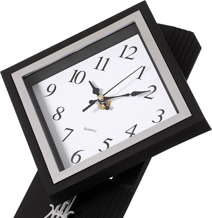 Traditional Black Square Wood- Looking Pendulum Plastic Wall Clock for Living Room, Kitchen, or Dining Room - Image 5