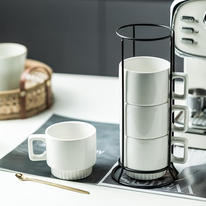 Miamolo Coffee Mugs Set of 4, Stackable Coffee Cups with Stand and Spoons | 11oz, Ceramic | for Espresso Cappuccino Latte Tea Drinks | Dishwasher & Microwave Safe | Housewarming Gift | White - Image 6