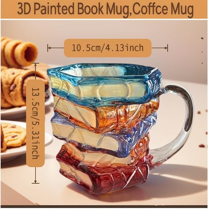 3D Painted Book Stack Glass Coffee Mug, 12.99 oz Colorful Heat-Resistant Cup, Christmas & Holiday Gifts for Books Lovers, Readers, Writers, Librarians, Book Club and Bookworm Fans