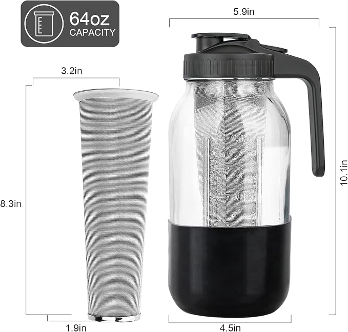 Cold Brew Coffee Maker, 64oz Mason Jar Pitcher with Stainless Steel Filter, Leak-Proof Lid with Pour Spout & Handle, Heavy Duty Glass Iced Coffee Tea Brewer with Protective Silicone Sleeve-Black - Image 6