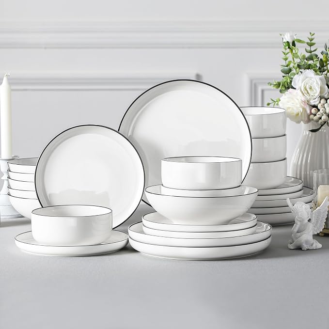 MALACASA 24 Pcs Porcelain Plates and Bowls Sets,Dinnerware Set for 6,White | Modern Ceramic Dishware Set,Kitchen Dining Ware,Microwave and Dishwasher Safe,Simple White with Black Trim Design,Series LUNA - Image 6