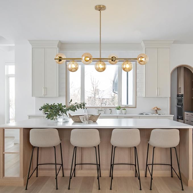 Modern Linear Sputnik Chandelier, Gold Pendant Light Fixture with 7 Amber Glass Globes for Dining Room Light Fixture, Kitchen Island Lighting, Living Room Chandelier, Bedroom, Foyer - Image 4