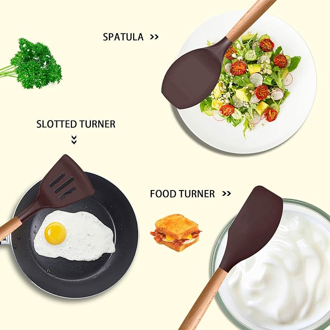 MIBOTE Silicone Cooking Kitchen Utensils Set, Wooden Handle, Coffee | BPA-Free, Non-Toxic Silicone Turner, Tongs, Spatula, Spoon Set – Great for Nonstick Cookware, Heat-Resistant, Easy Clean - Image 3