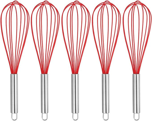 HARFINGTON 5Pcs Silicone Whisk 12" Kitchen Whisk Wire Whisks Beater with Stainless Steel Handle for Egg Milk Whisking Blending Beating & Stirring, Red