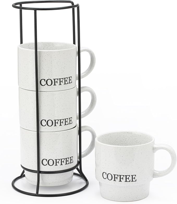 Signature Housewares Stackable Coffee Mug Tower Set with Metal Wire Rack - 15 Ounce Coffee Mugs for Coffee, Tea, Cocoa, Milk, Cappuccino, Hot Chocolate Set of 4 - White Coffee by SignatureHousewares