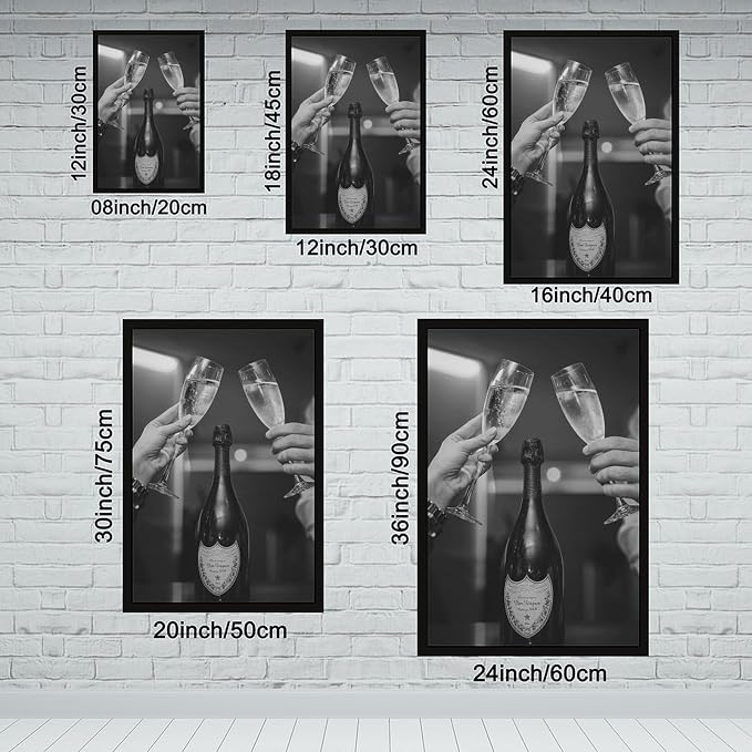 Champagne Cheers, Celebration , Two Glasses Cheers, Black And White , Alcohol Poster, Retro Party Wall Decor Canvas Poster Bedroom Decor Sports Landscape Office Room Decor Gift Black Frame 16x24in(40x - Image 2