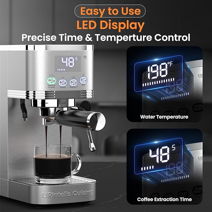 Espresso Machine 20 Bar Espresso Maker with Steam Milk Frother,Temperature Control LED Display Stainless Steel Coffee Machine for Cappuccino Latte,Gift for Coffee Lovers Women and Men