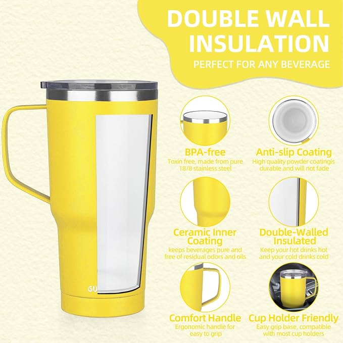 20 oz Insulated Coffee Mug with Ceramic Coating, Stainless Steel Travel Mug Tumbler with Handle Lid and Straw, Double Wall Leak-Proof Coffee Travel Mug Keeps Drink Hot and Cold (Yellow) - Image 3