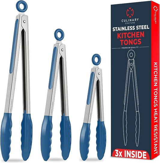 Kitchen Tongs - 12, 9 & 7 Inch Locking Silicone Tongs for Cooking, Set of 3 | Blue Tongs with Silicone Tips, Heat Resistant Tongs for Grilling, Serving, Mixing by CulinaryCouture