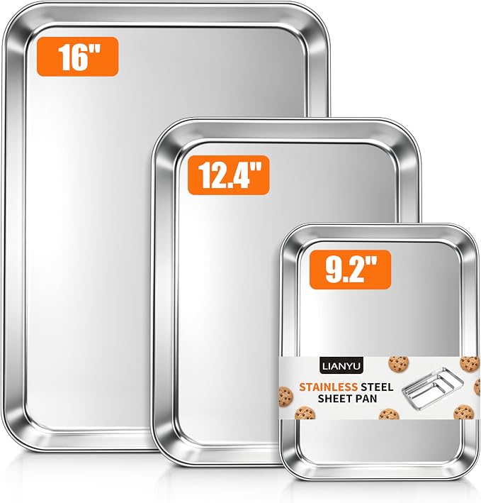 LIANYU Stainless Steel Baking Sheets, 16/12.4/9.2In Cookie Sheet Pan 3Pack | Jelly Roll/ Quarter Sheet/ Eighth Sheet, Toaster Oven Pan Cookie Baking Tray, Non Toxic, Heavy Duty, Dishwasher Safe by LIANYU