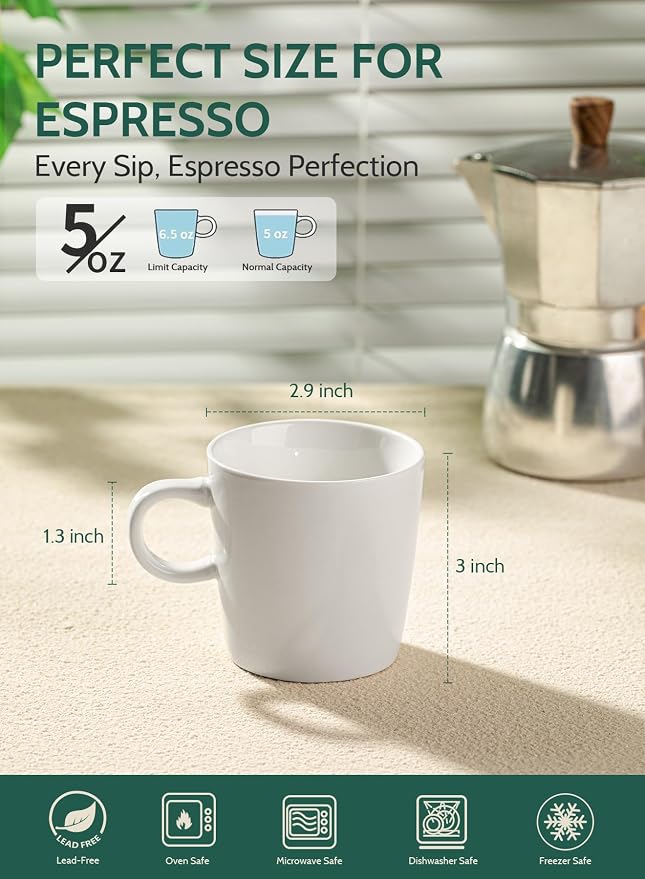 Sweese 5oz Porcelain Espresso Cups Set of 4, Mini Coffee Mugs Demitasse Cups - White - Image 2