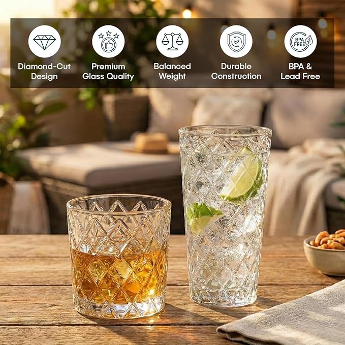 Drinking Glasses Set of 16 Premium Diamond Cut Textured Glassware 8 Highball Glasses 17 oz and 8 Whiskey Glasses 10 oz Elegant Drinking Glasses - Image 5